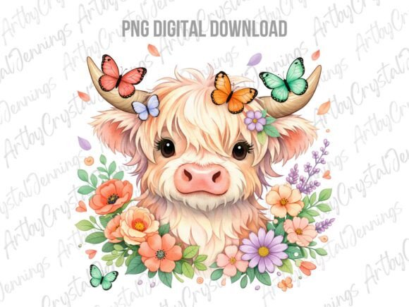 Download Pastel Floral Butterfly Highland Cow PNG - Cow png Collection